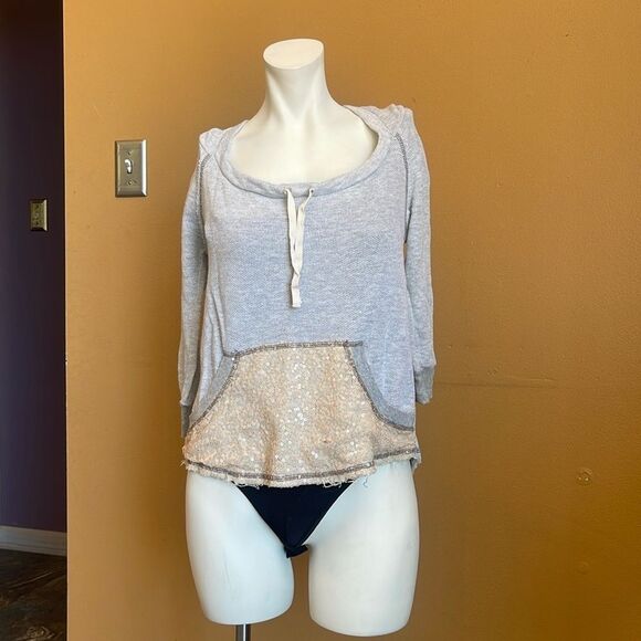 Rewind Women/ Teen Small Pullover Hooded Lightweight sweater  Grey Pink Sequins - Picture 1 of 10